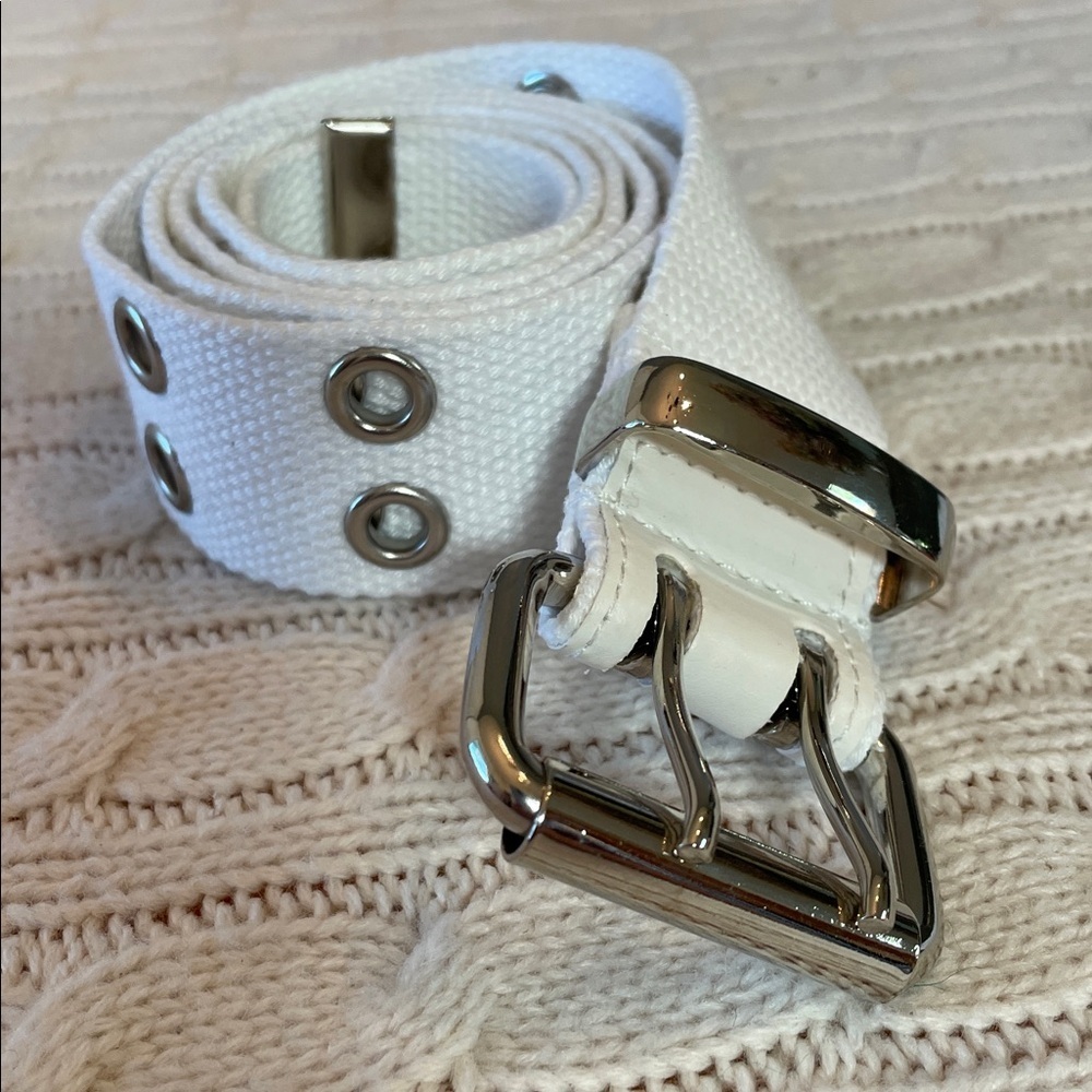36-42” white belt. Cotton woven metal grommets moto biker motorcycle silver tone - Picture 2 of 9